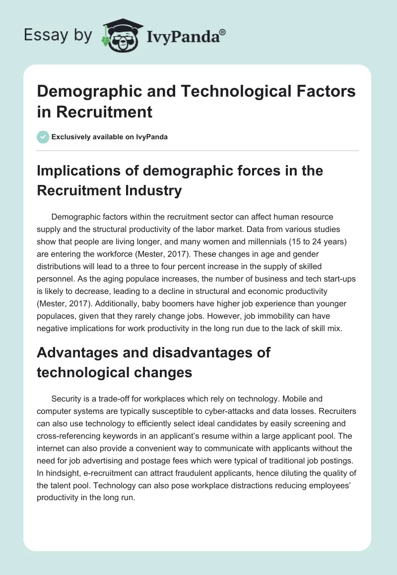 Demographic and Technological Factors in Recruitment. Page 1