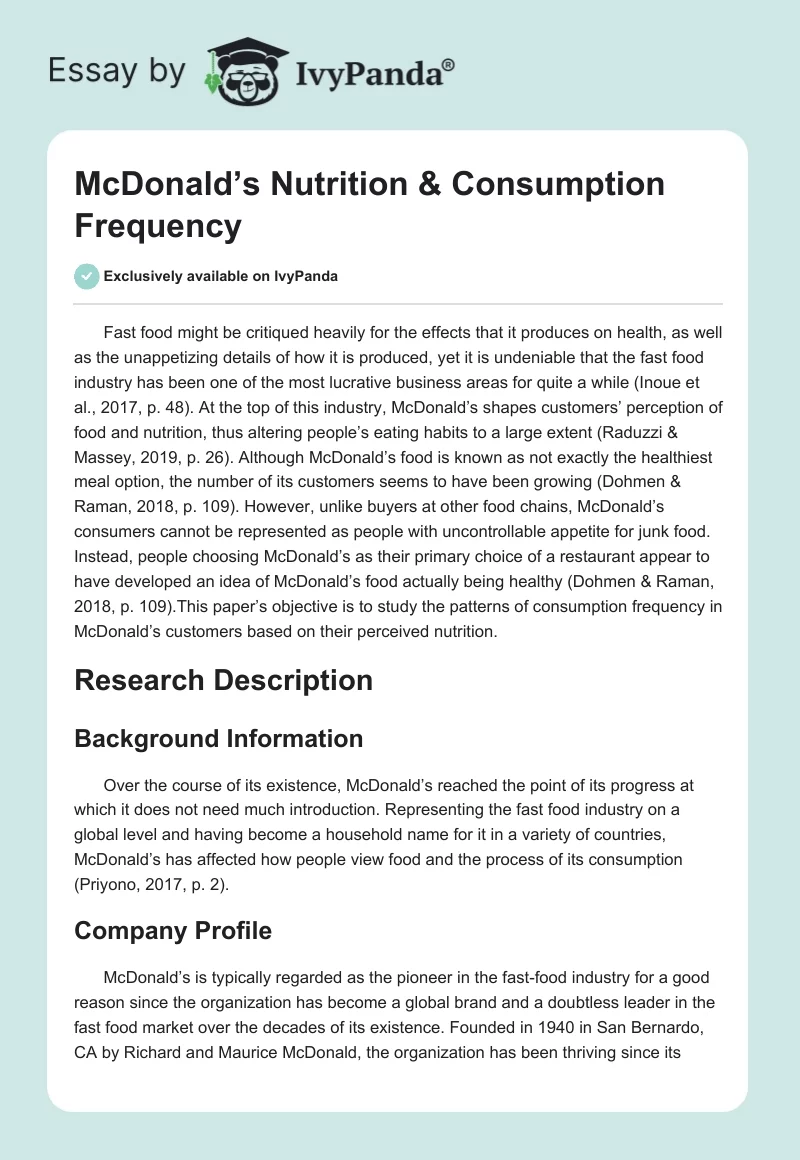 McDonald’s Nutrition & Consumption Frequency. Page 1