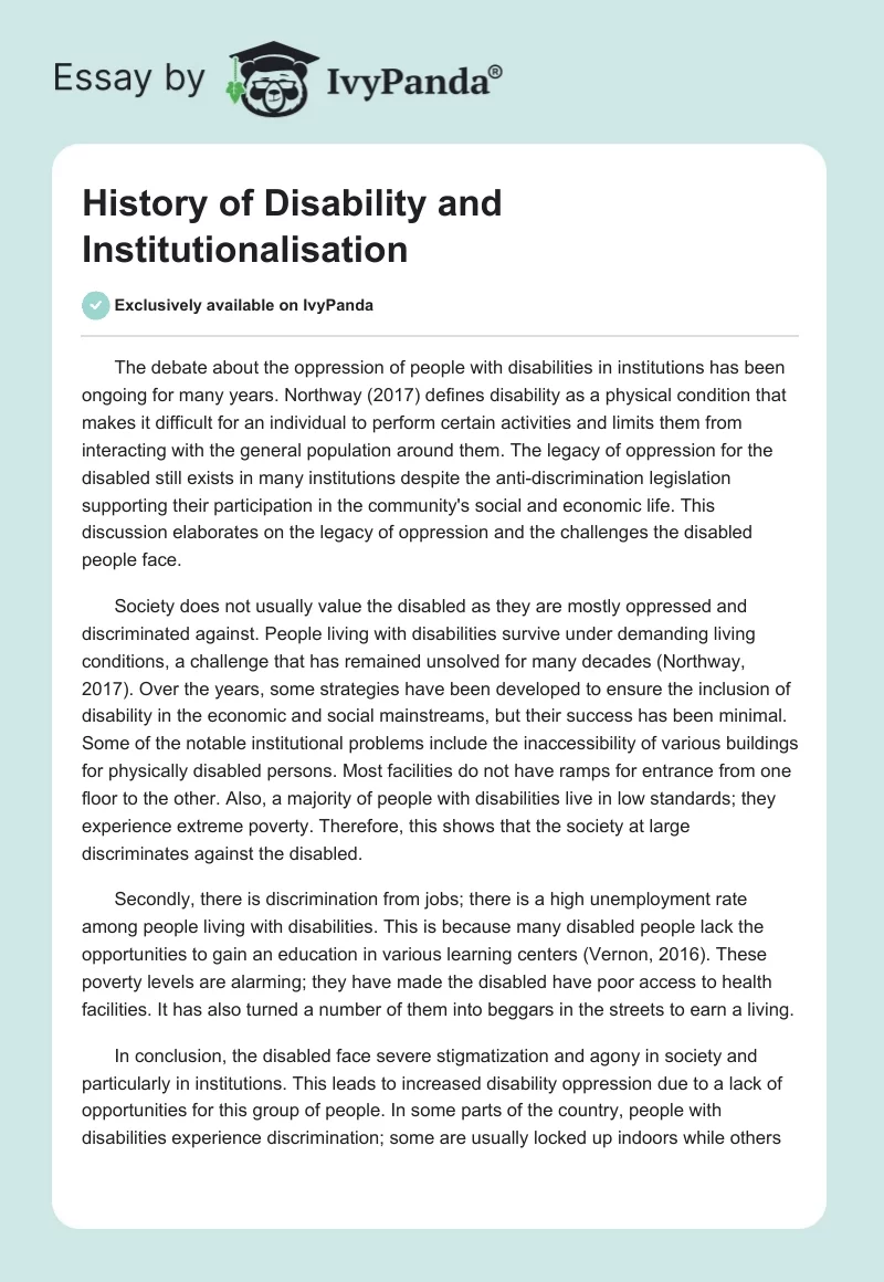 History of Disability and Institutionalisation. Page 1