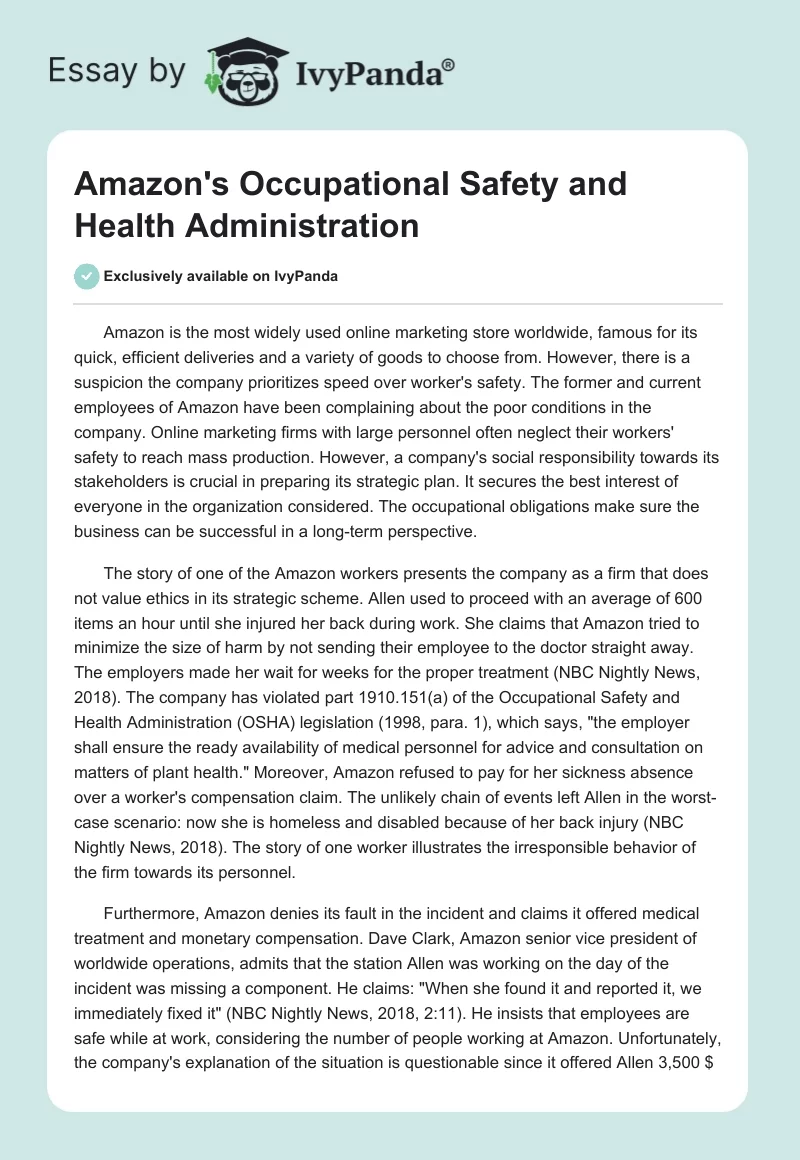 Amazon's Occupational Safety and Health Administration. Page 1