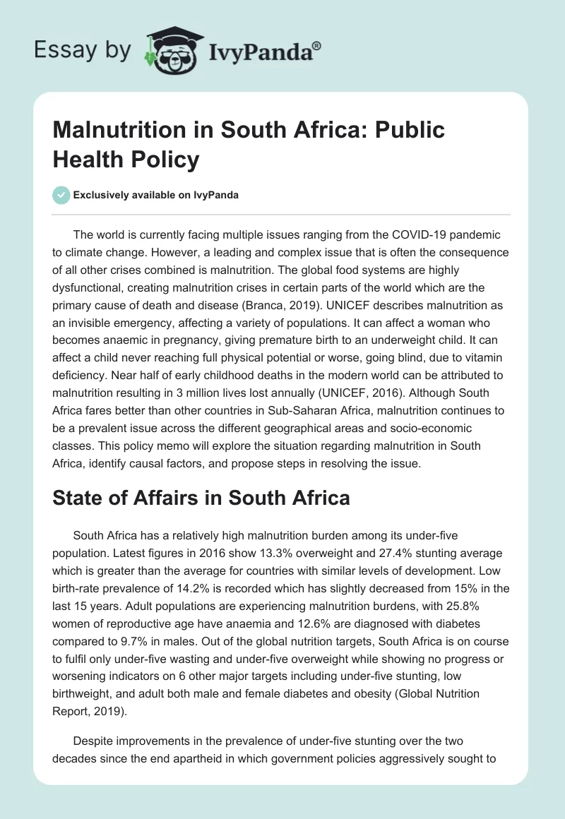 Malnutrition in South Africa: Public Health Policy. Page 1