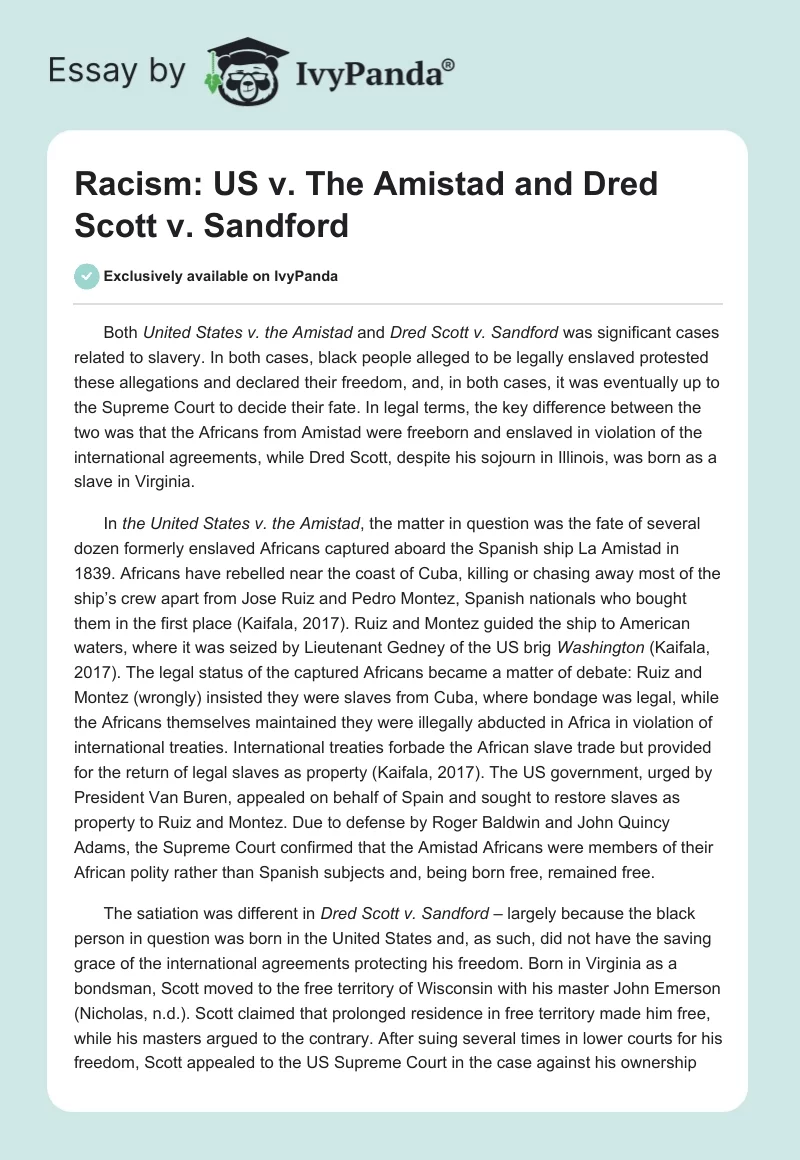 Racism: US v. The Amistad and Dred Scott v. Sandford. Page 1