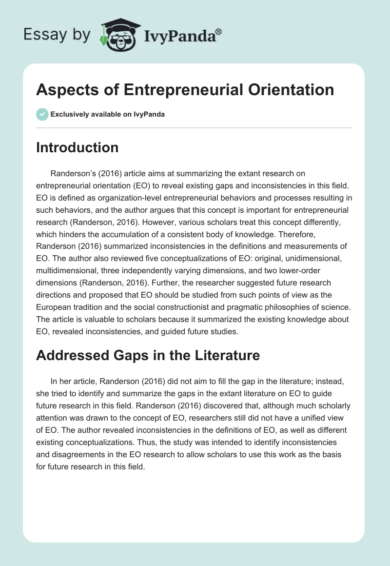 Aspects of Entrepreneurial Orientation. Page 1
