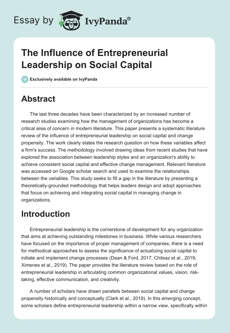 The Influence of Entrepreneurial Leadership on Social Capital. Page 1