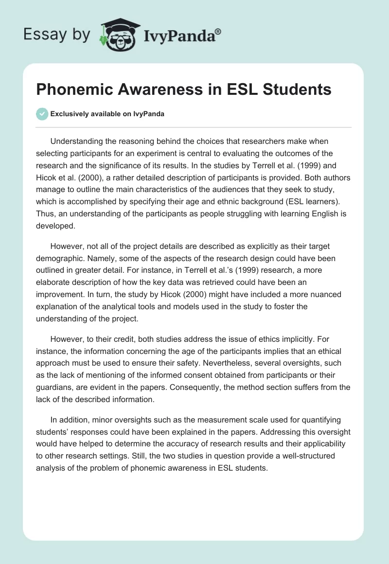Phonemic Awareness in ESL Students. Page 1
