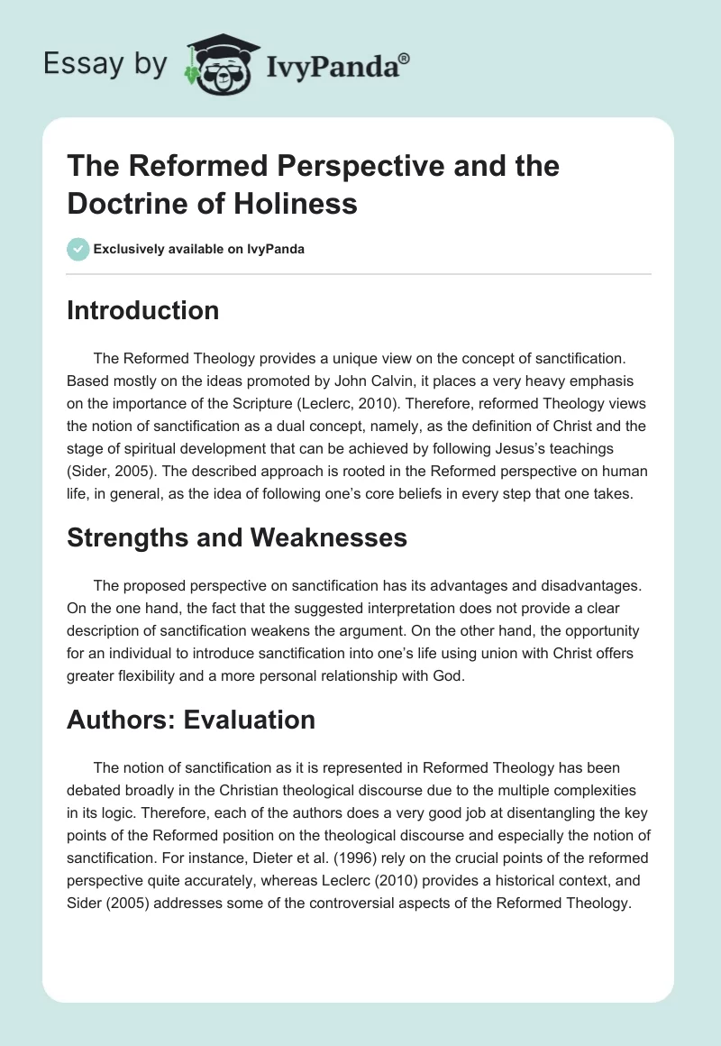 The Reformed Perspective and the Doctrine of Holiness. Page 1