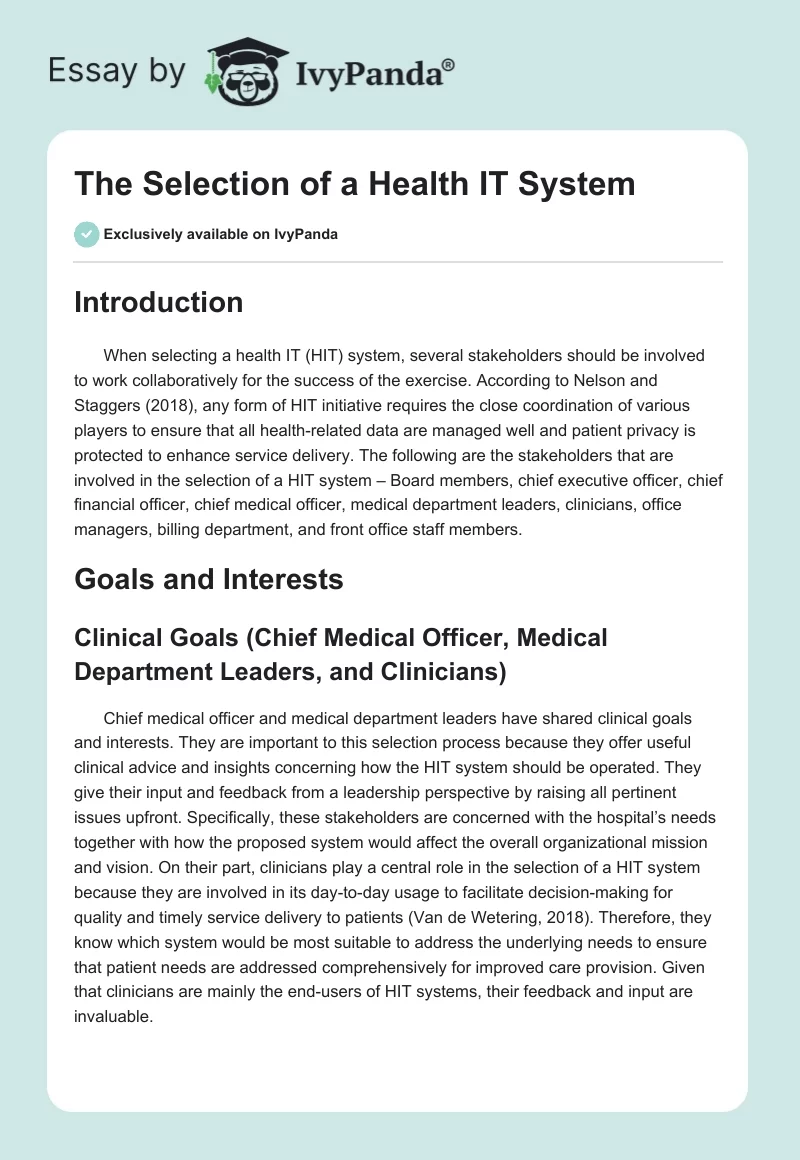 The Selection of a Health IT System. Page 1