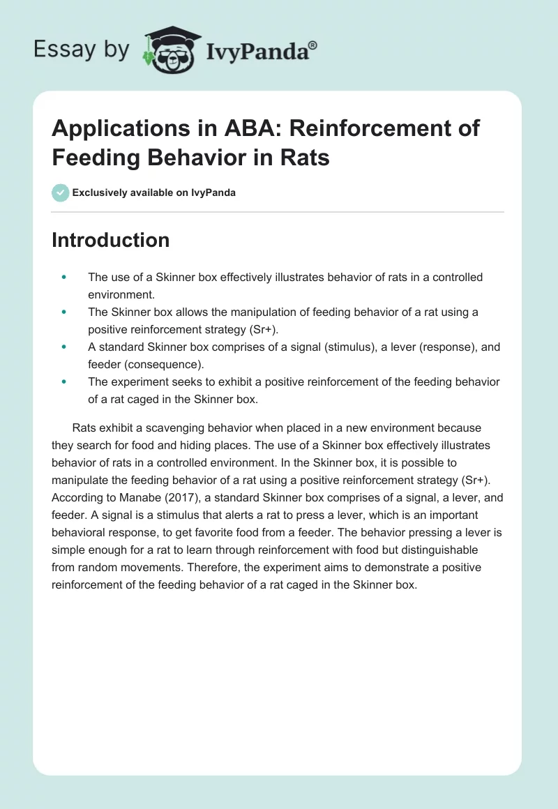 Applications in ABA: Reinforcement of Feeding Behavior in Rats. Page 1