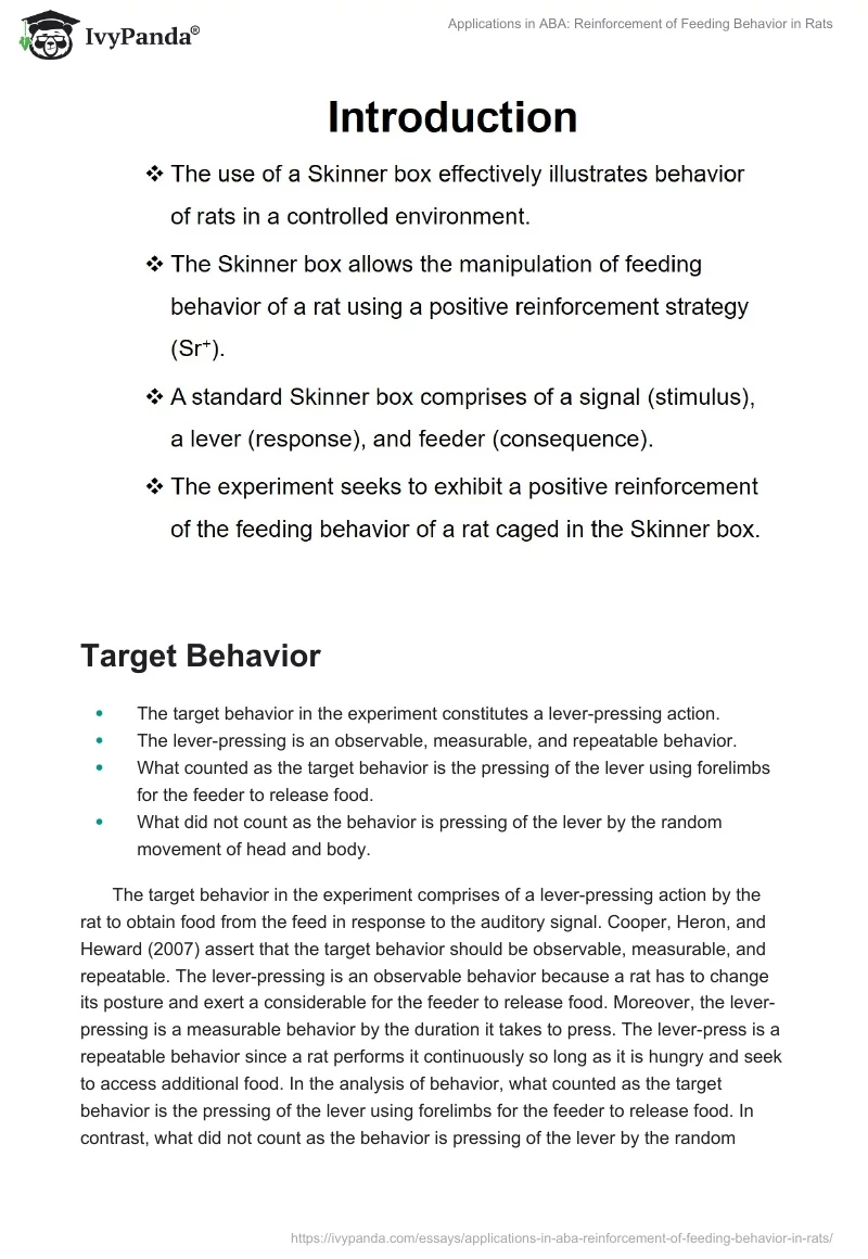 Applications in ABA: Reinforcement of Feeding Behavior in Rats. Page 2