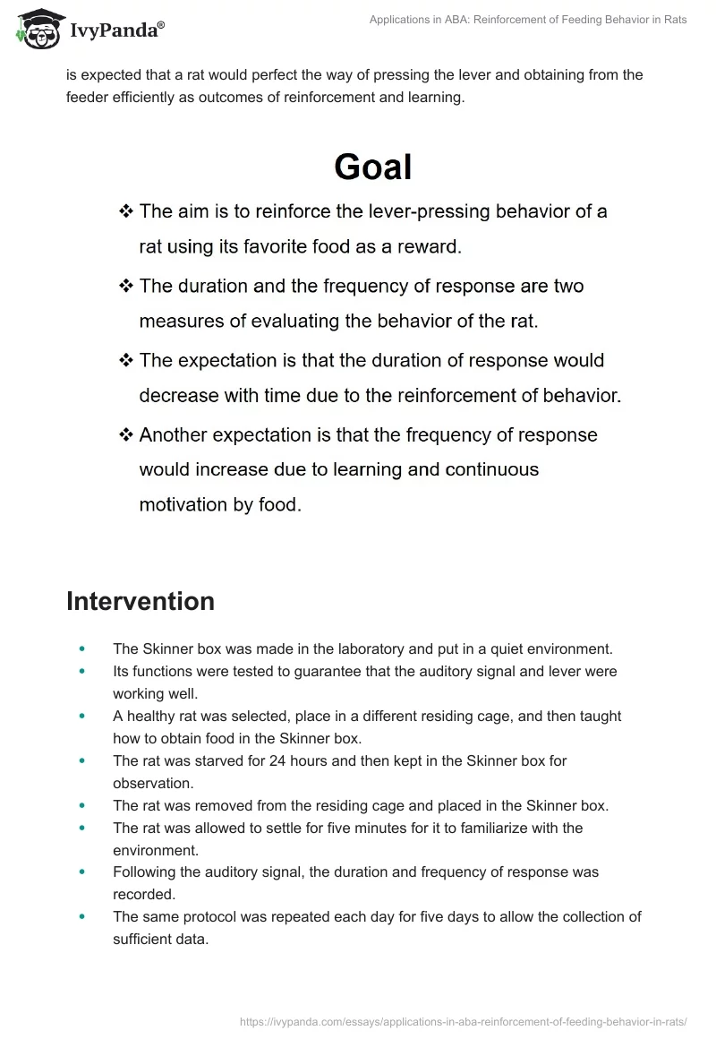 Applications in ABA: Reinforcement of Feeding Behavior in Rats. Page 4