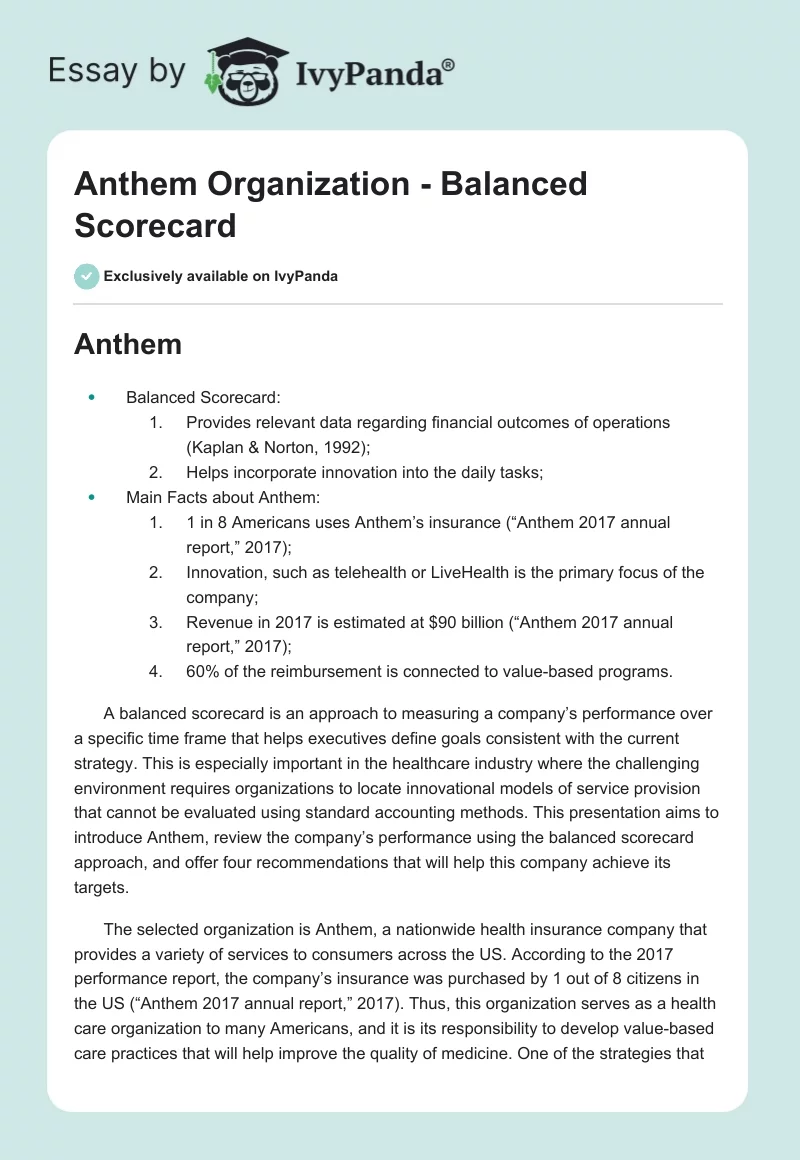 Anthem Organization - Balanced Scorecard. Page 1
