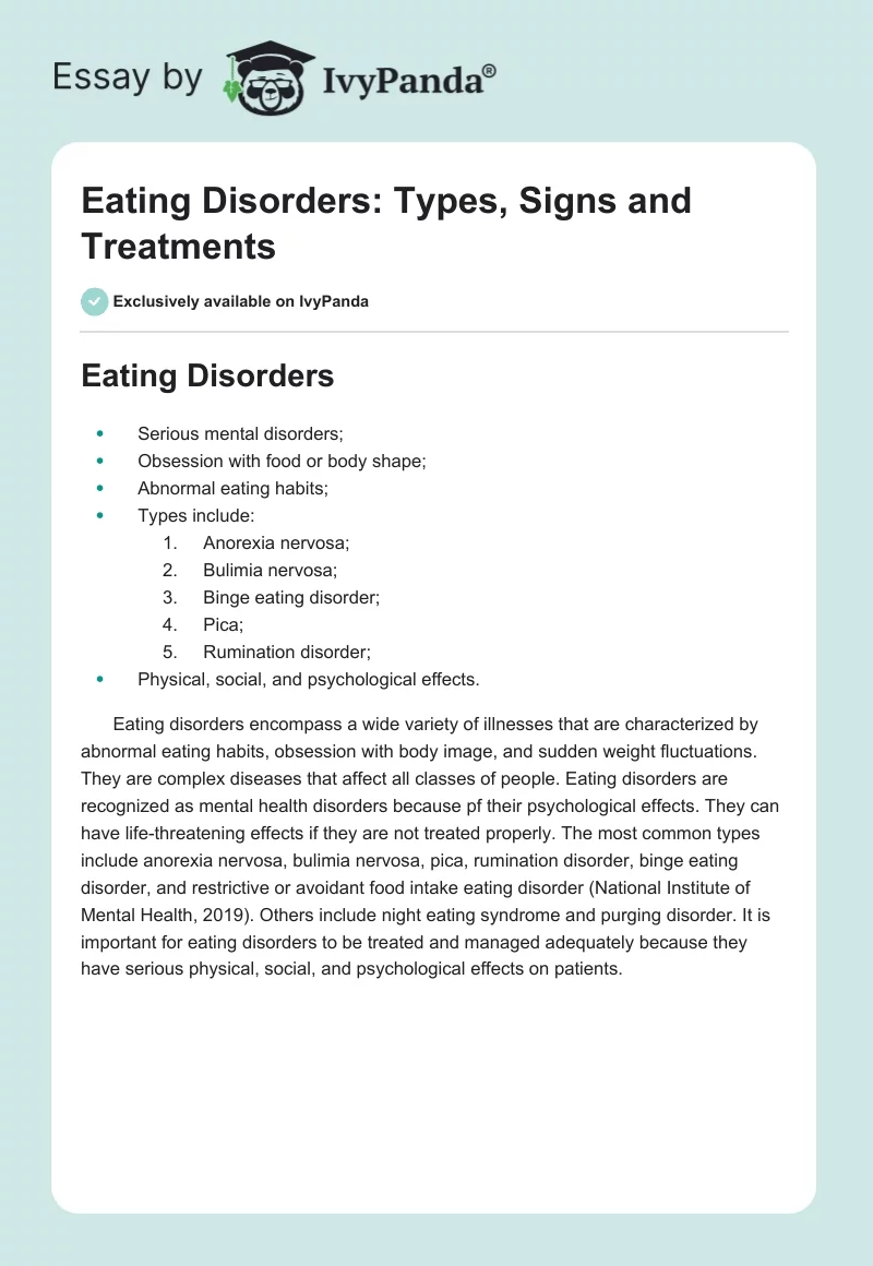 Eating Disorders: Types, Signs and Treatments. Page 1