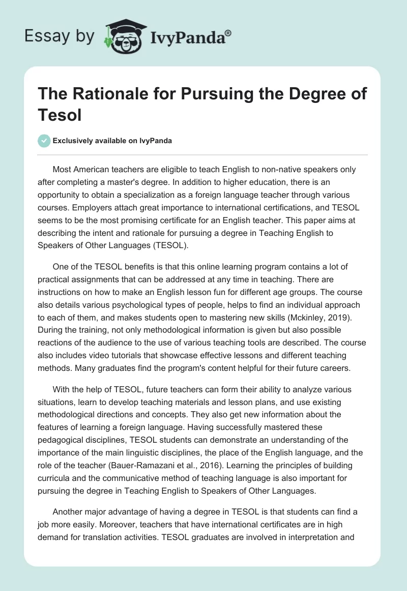 The Rationale for Pursuing the Degree of Tesol. Page 1