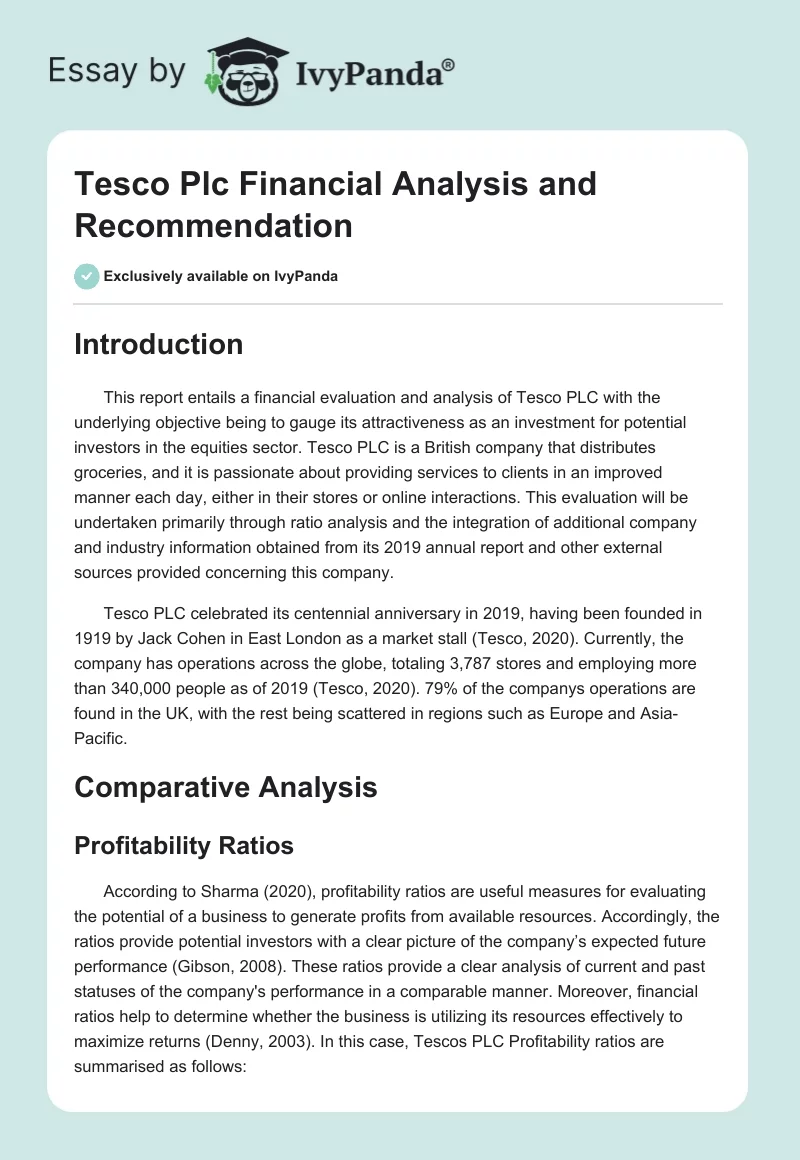 Tesco Plc Financial Analysis and Recommendation. Page 1