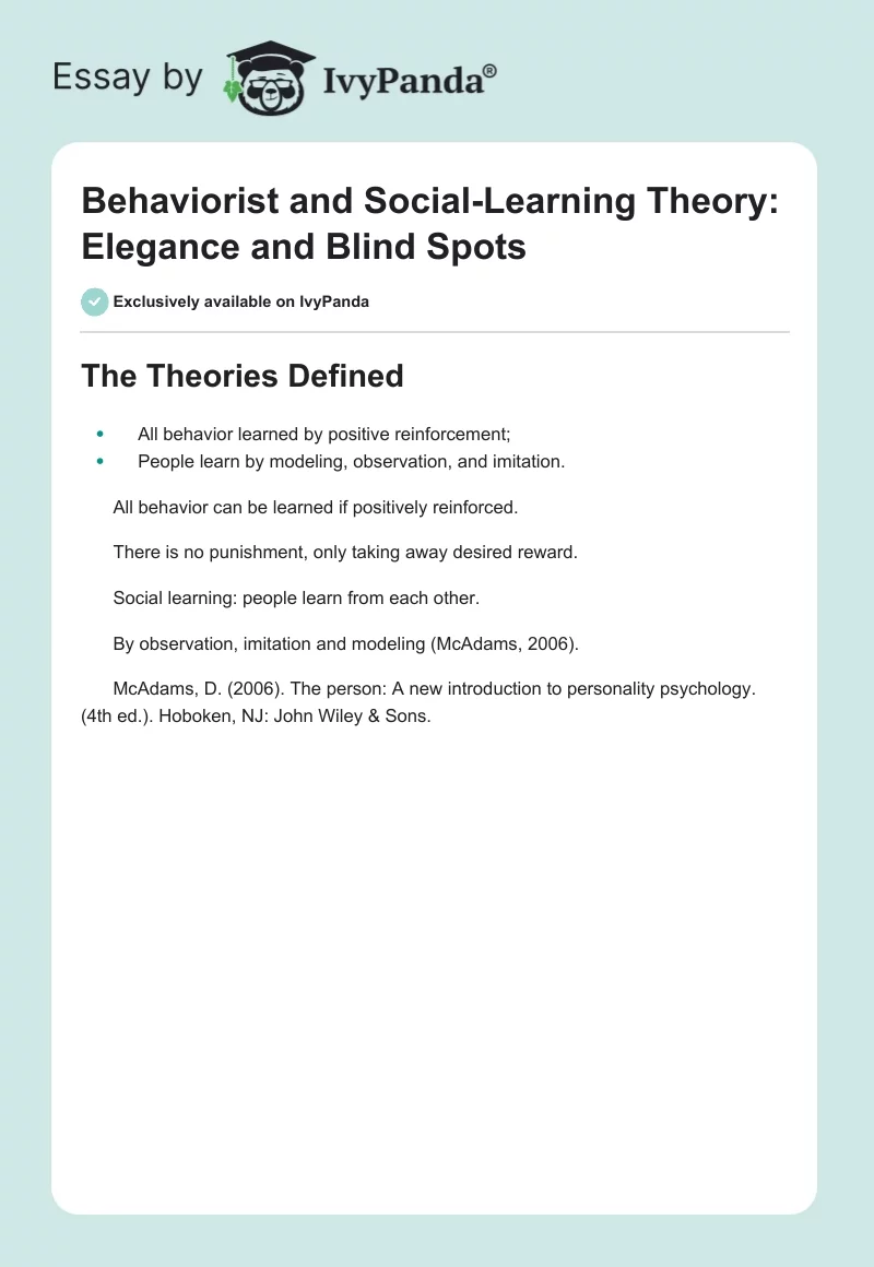 Behaviorist and Social-Learning Theory: Elegance and Blind Spots. Page 1