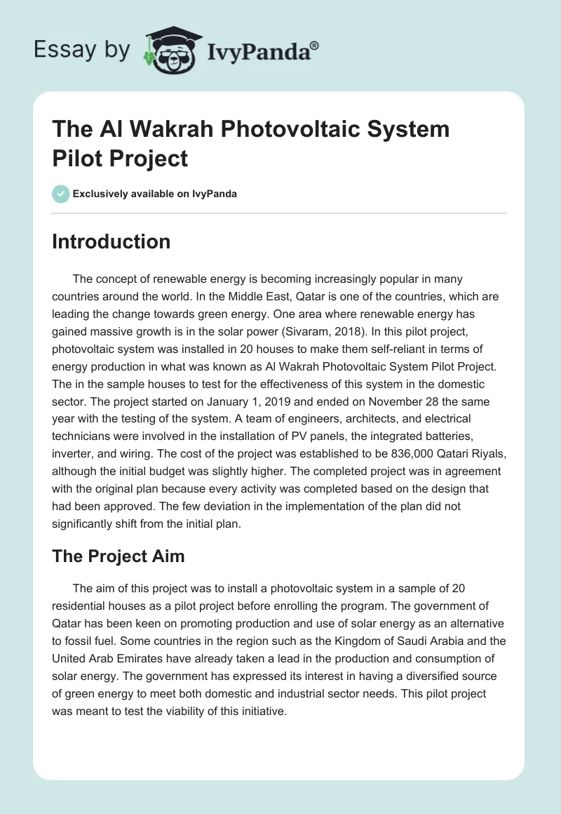 The Al Wakrah Photovoltaic System Pilot Project. Page 1