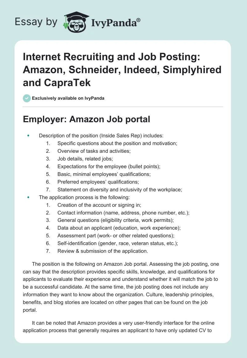 Internet Recruiting and Job Posting: Amazon, Schneider, Indeed, Simplyhired and CapraTek. Page 1
