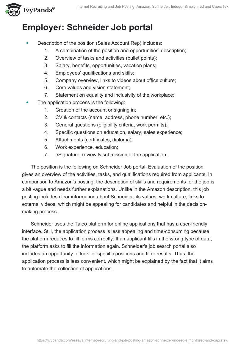 Internet Recruiting and Job Posting: Amazon, Schneider, Indeed, Simplyhired and CapraTek. Page 4