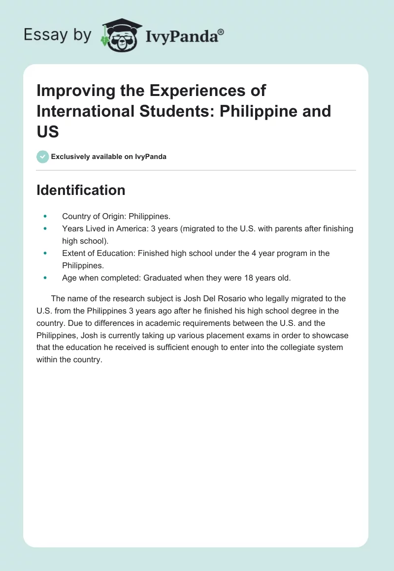 Improving the Experiences of International Students: Philippine and US. Page 1