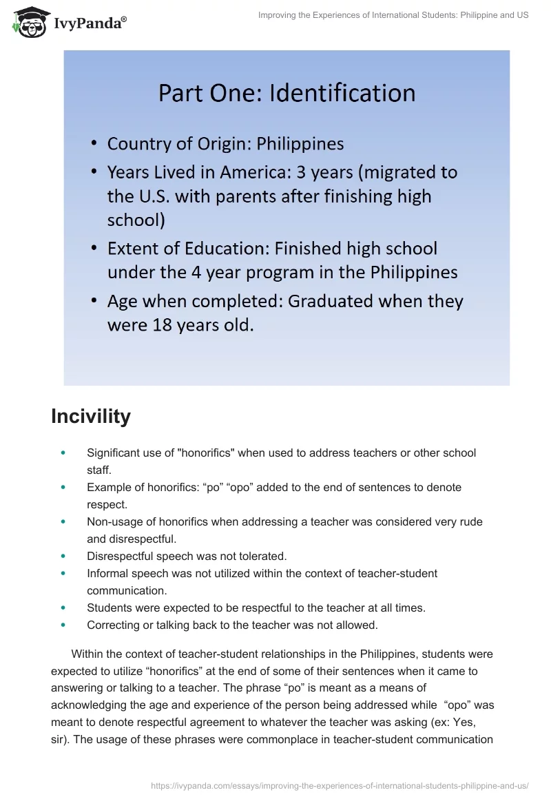 Improving the Experiences of International Students: Philippine and US. Page 2