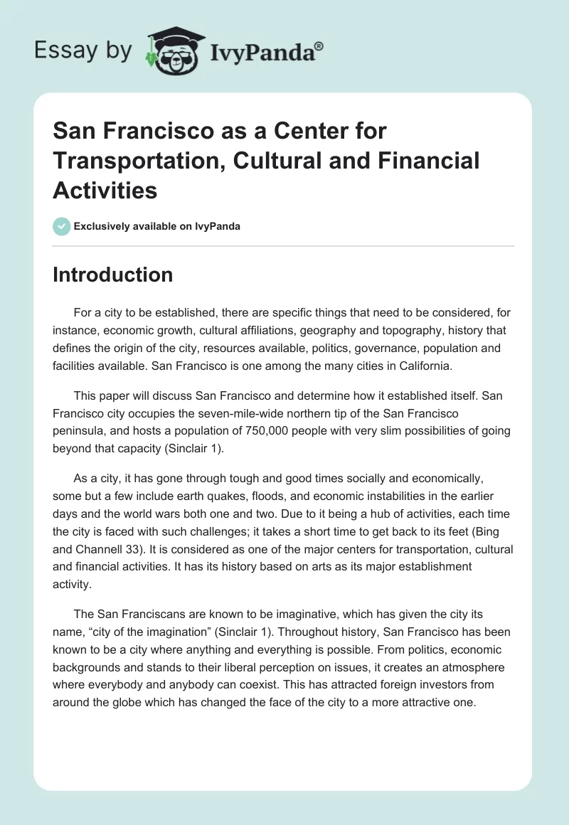 San Francisco as a Center for Transportation, Cultural and Financial Activities. Page 1