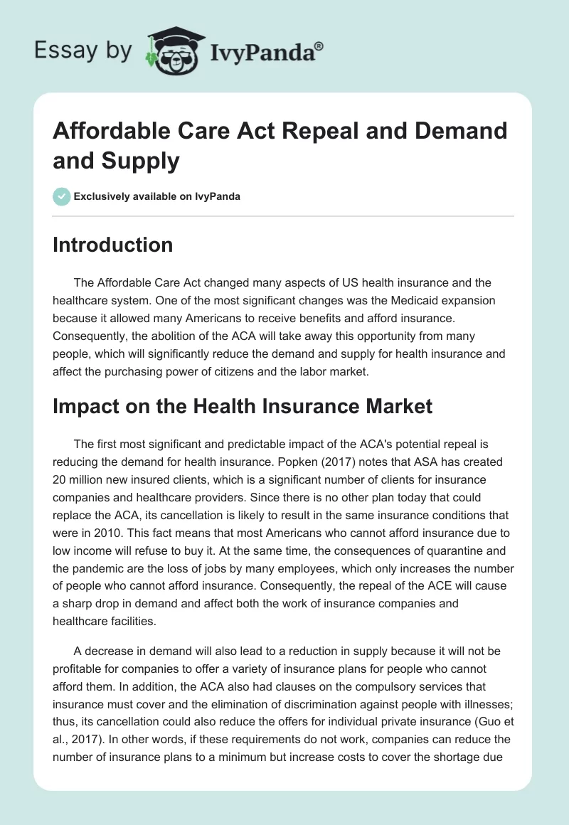 Affordable Care Act Repeal and Demand and Supply. Page 1