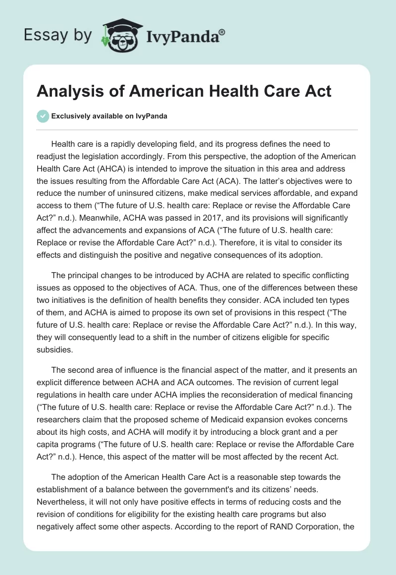 Analysis of American Health Care Act. Page 1