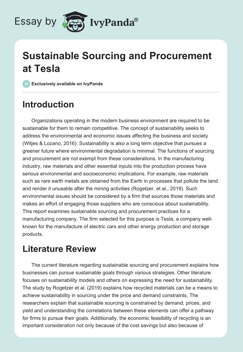 Sustainable Sourcing and Procurement at Tesla. Page 1