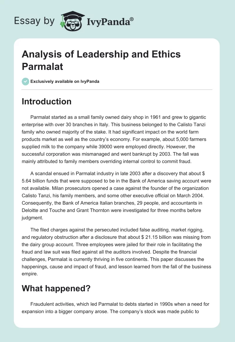 Analysis of Leadership and Ethics Parmalat. Page 1