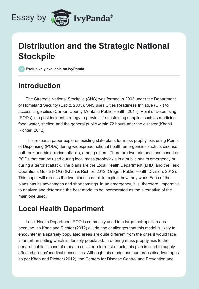 Distribution and the Strategic National Stockpile. Page 1