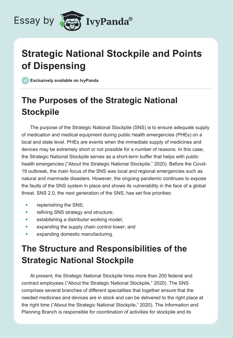 Strategic National Stockpile and Points of Dispensing. Page 1