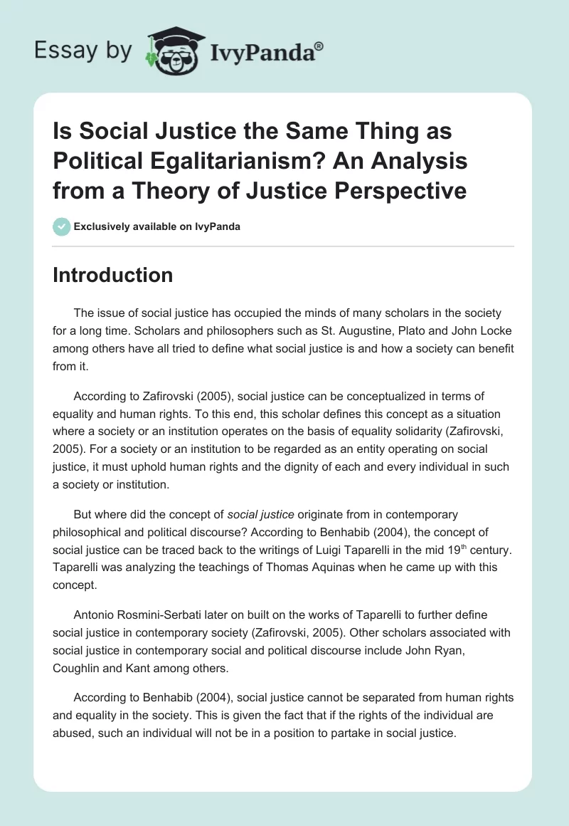 Is Social Justice the Same Thing as Political Egalitarianism? An Analysis from a Theory of Justice Perspective. Page 1
