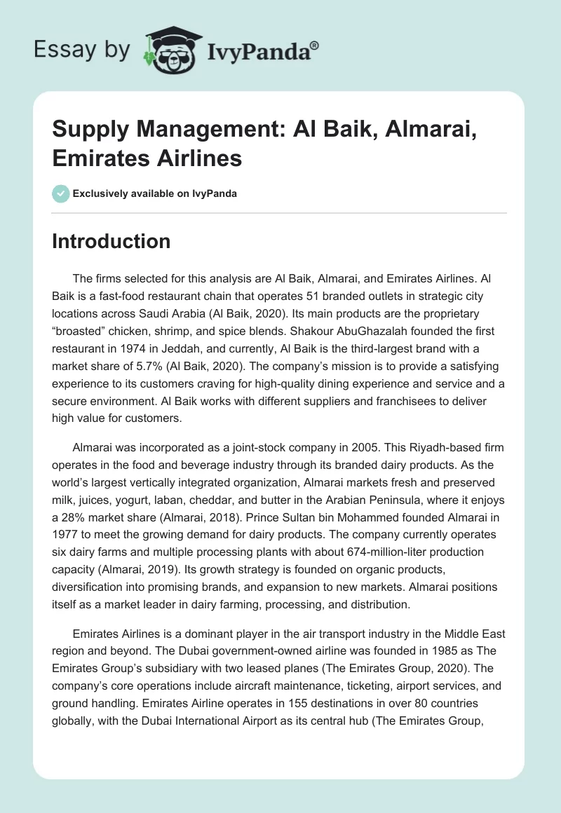 Supply Management: Al Baik, Almarai, Emirates Airlines. Page 1