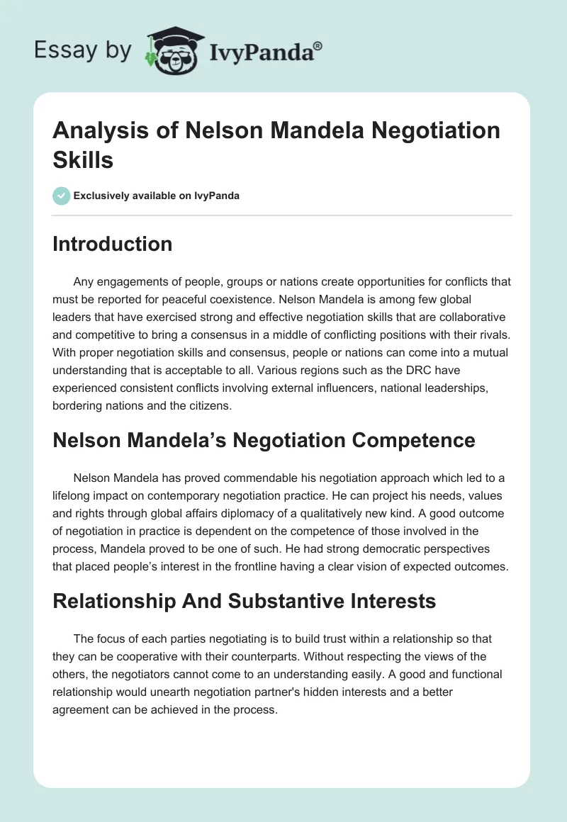 Analysis of Nelson Mandela Negotiation Skills. Page 1