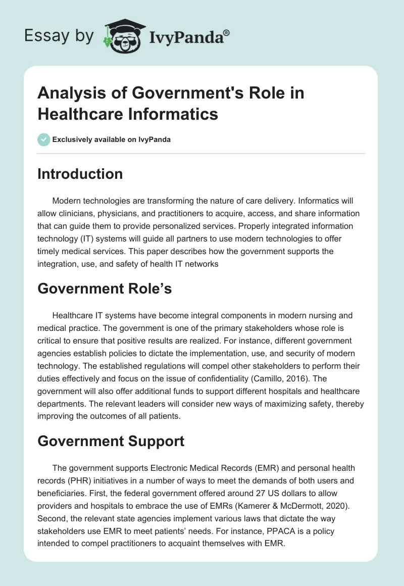 Analysis of Government's Role in Healthcare Informatics. Page 1