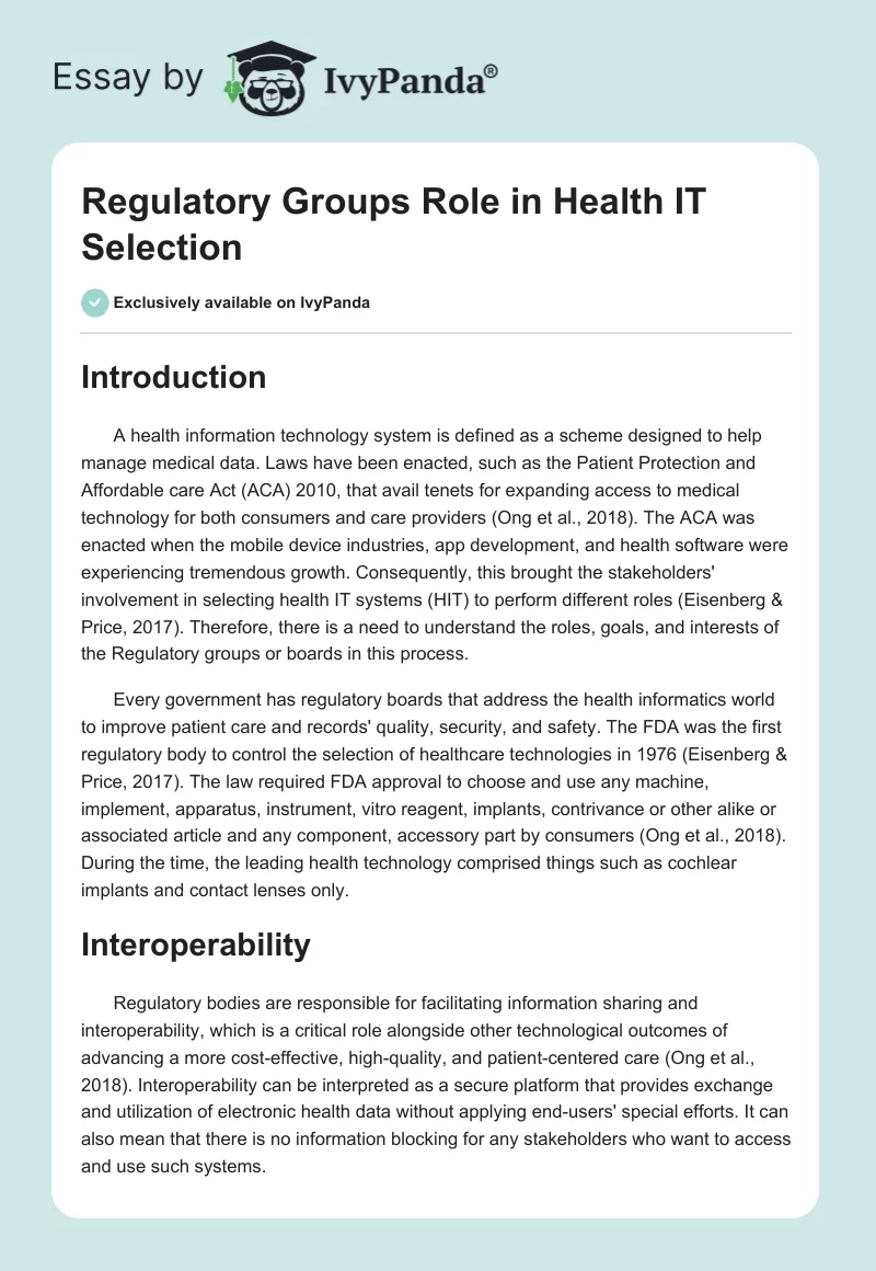 Regulatory Groups Role in Health IT Selection. Page 1