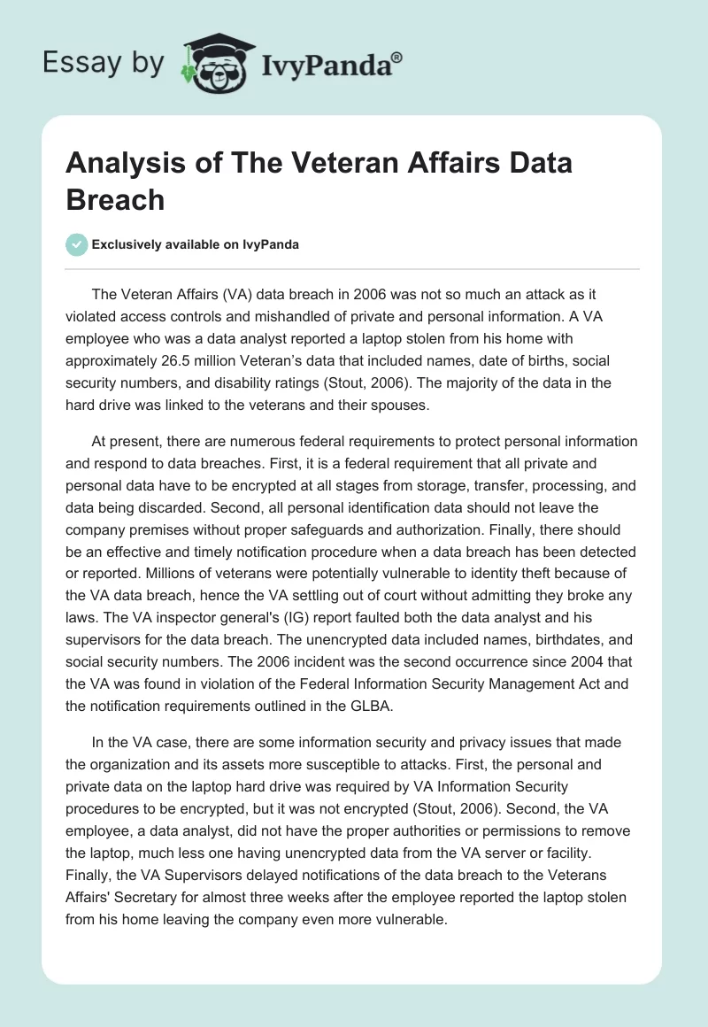 Analysis of The Veteran Affairs Data Breach. Page 1