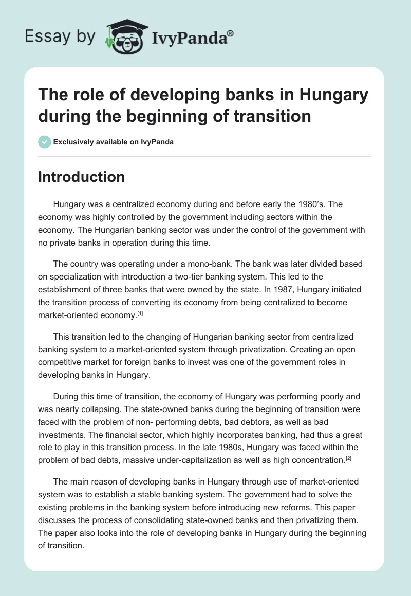 The role of developing banks in Hungary during the beginning of transition. Page 1