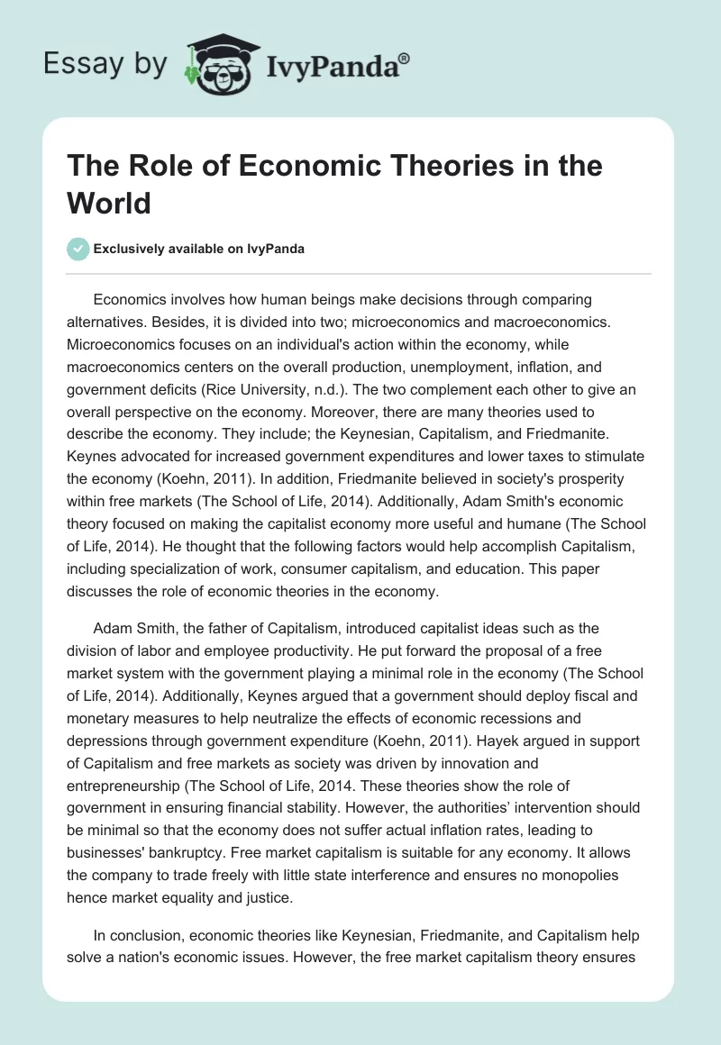 The Role of Economic Theories in the World. Page 1