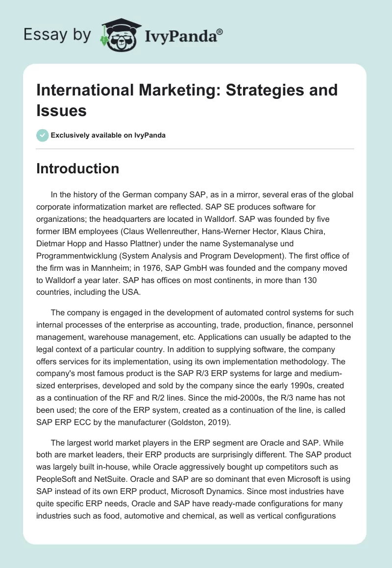 International Marketing: Strategies and Issues. Page 1