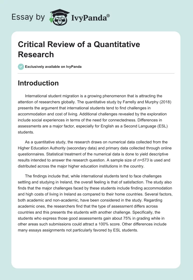 Critical Review of a Quantitative Research. Page 1