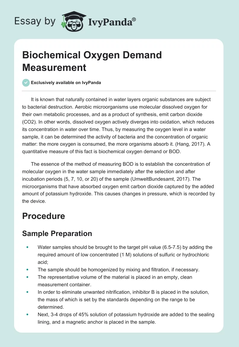 Biochemical Oxygen Demand Measurement. Page 1