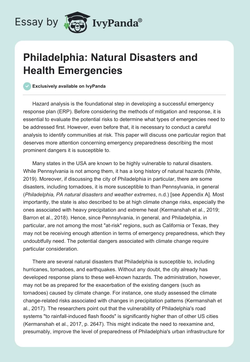 Philadelphia: Natural Disasters and Health Emergencies. Page 1