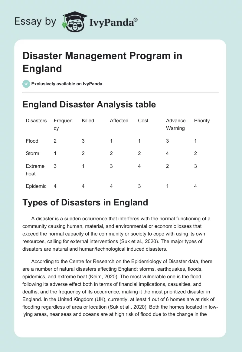 Disaster Management Program in England. Page 1