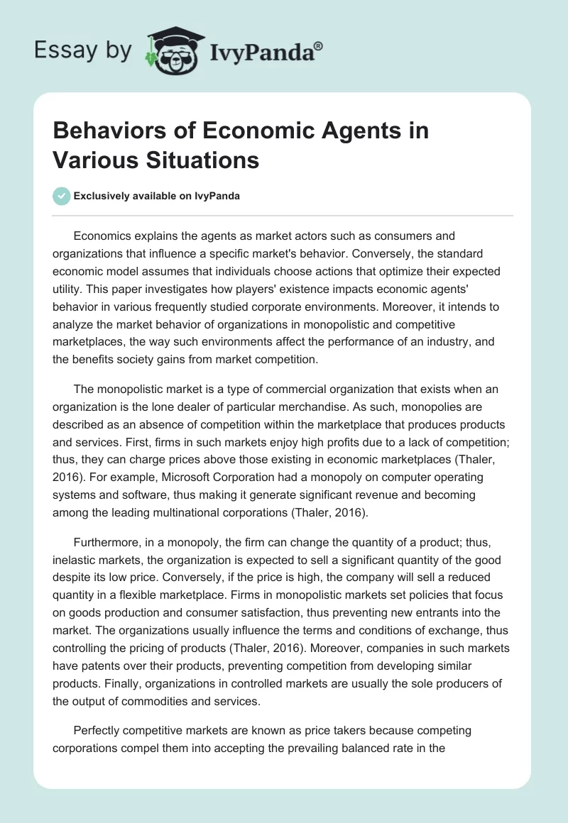 Behaviors of Economic Agents in Various Situations. Page 1