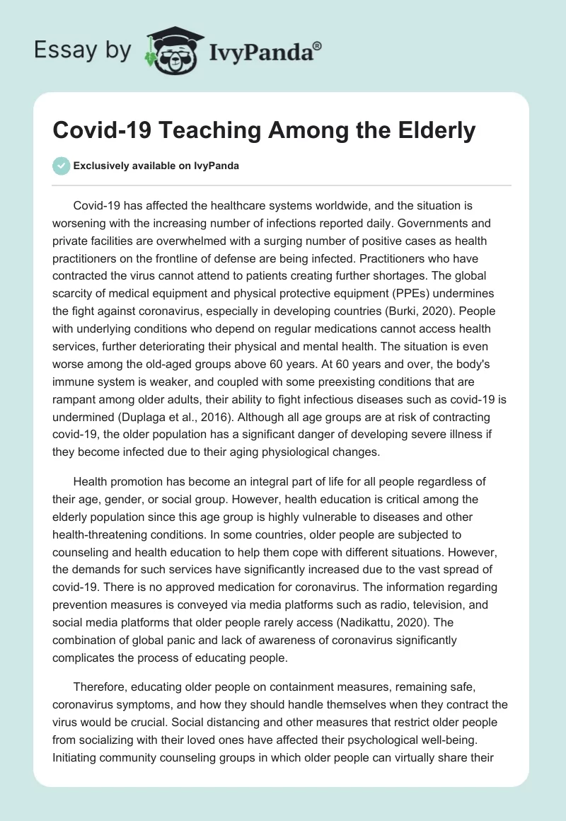 Covid-19 Teaching Among the Elderly. Page 1