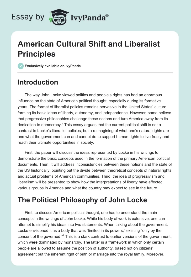 American Cultural Shift and Liberalist Principles. Page 1