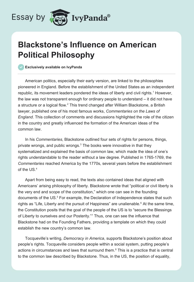Blackstone’s Influence on American Political Philosophy. Page 1