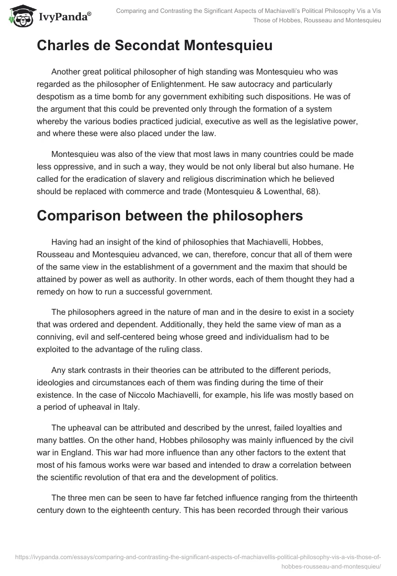 Comparing and Contrasting the Significant Aspects of Machiavelli’s Political Philosophy Vis a Vis Those of Hobbes, Rousseau and Montesquieu. Page 3