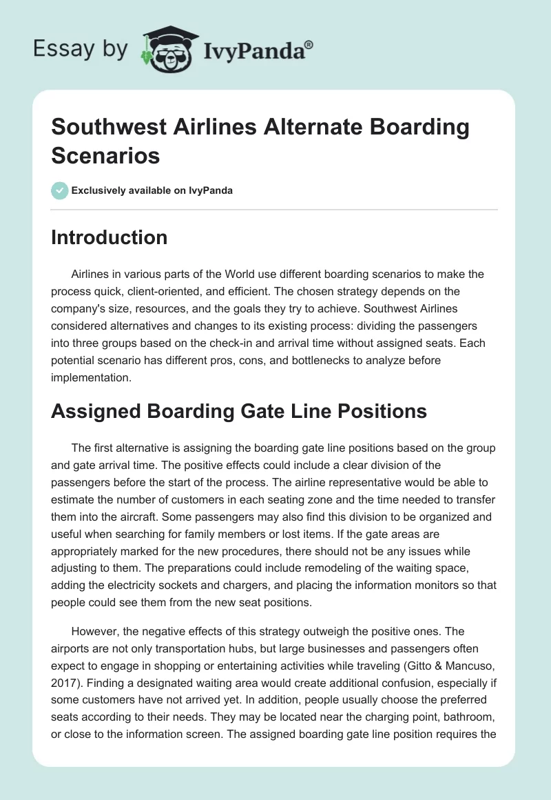 Southwest Airlines Alternate Boarding Scenarios. Page 1
